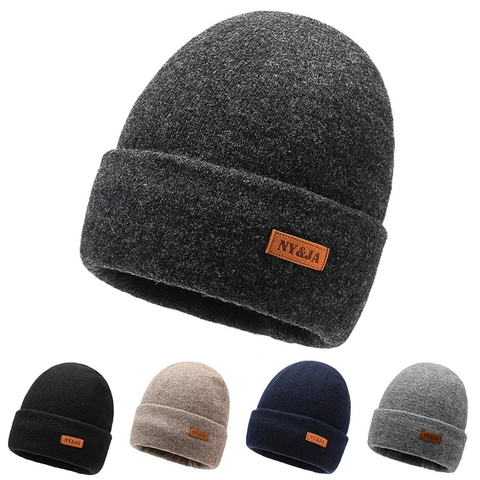 Bonnet En Maille D'Hiver Chaud Épaissi Acrylique Calotte Avec Étiquette En Cuir Pour Hommes Femmes Extérieur Casual