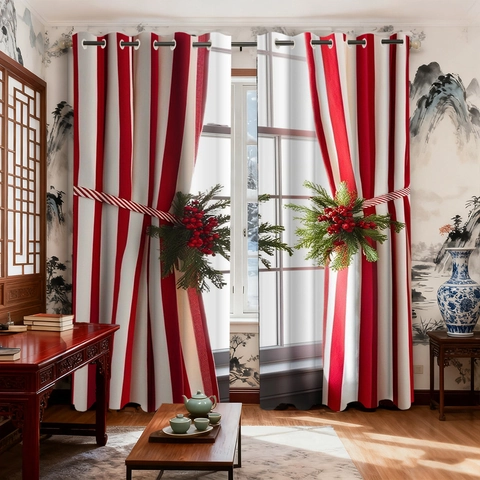 Weihnachtsvorhänge Mit Ösen Rot Weiß Gestreift Stechpalmenbeere Schneeflocke Polyester Wohnzimmer Deko