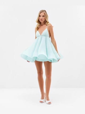 Sexy Deep V Neck Backless Camisole Mini Dress Puffy Pleated Babydoll Party Dress Solid Color Polyester For Women