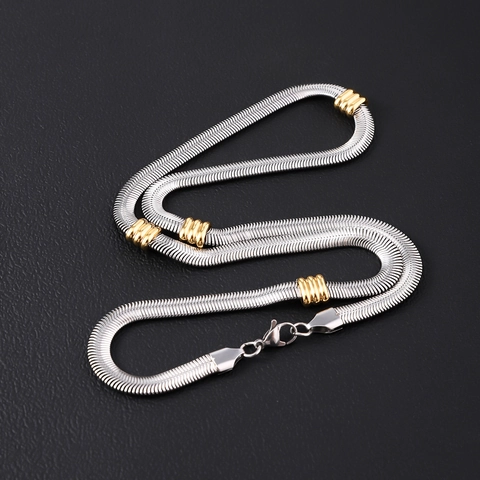 Stainless Steel Chain Bracelet Necklace For Men Unisex Two Tone Polished Gold Bead Decor Cuban Figaro Snake Bone Hip Hop