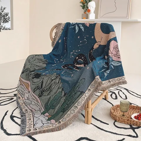 Bohemian Woven Blanket Cotton Blend Tassel Fringe Ethnic Mystical Snake Moon Rose Pattern Sofa Throw Wall Hanging Camping Mat