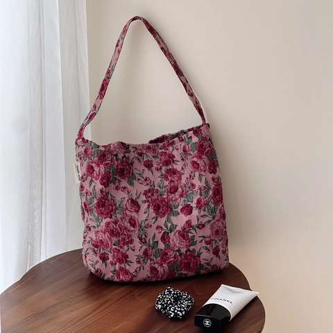 Vintage Rose Jacquard Underarm Shoulder Bag Women Elegant Floral Canvas Tote Daily Retro Handbag Pink Wine Red