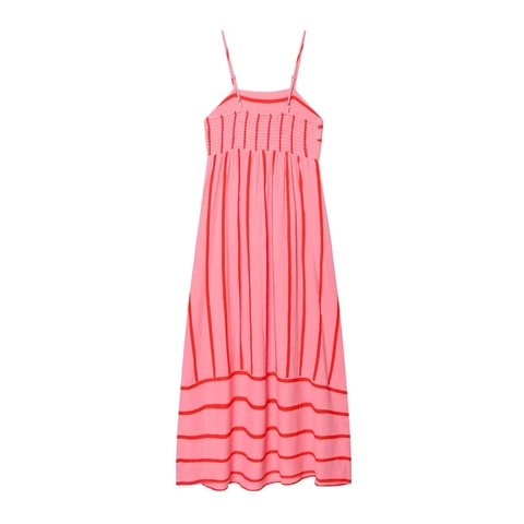 Women Summer Vacation Striped Spaghetti Strap Maxi Dress Polyester Blend Crinkle Texture Pink Red Long Swing Sun Dress
