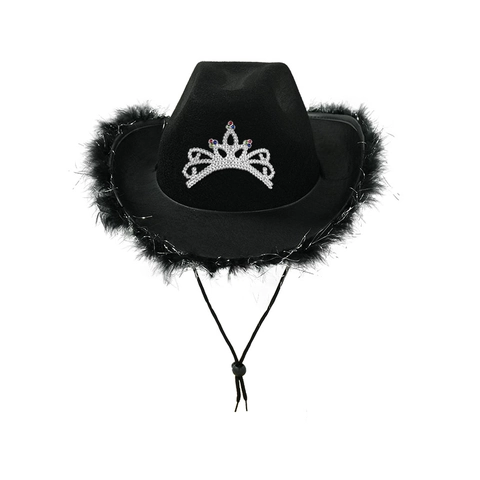 Chapeau De Cow-Boy Avec Couronne De Strass Bordure En Plumes Costume De Fête Western Mode Style Y2K Pour Femmes Filles