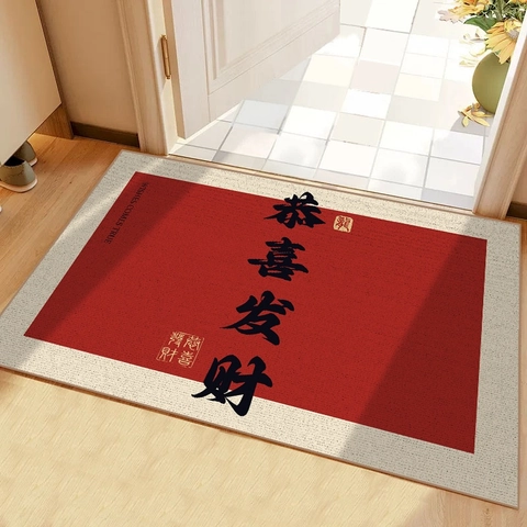 Red Door Mat Entryway Rug Belgium Loop Velvet Non-Slip Waterproof Chinese New Year Housewarming Blessing Home Decor