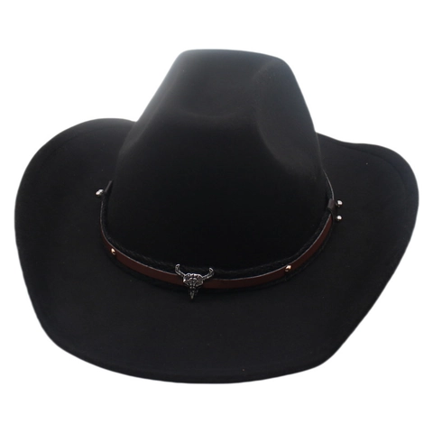 Western Cowboy Hat Polyester Felt Vintage Wide Brim Sun Protection Ethnic Bull Skull Decor Fedora For Outdoor Travel