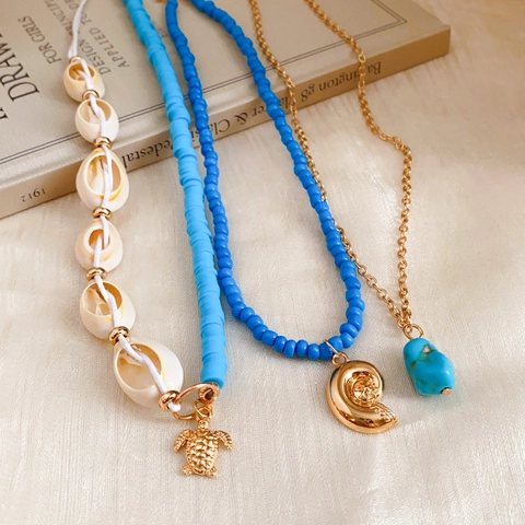Collar De Capas Bohemio Con Colgantes De Tortuga Concha De Aleación Cuentas Estilo Turquesa Vacaciones Playa Mujer