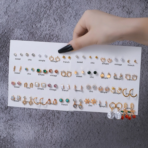Geometric Stud Earrings Alloy Rhinestone Faux Artificial Pearl Resin Earring Post Vintage French Heart Cherry For Women Girls
