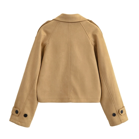 Dames Double-breasted Korte Trenchcoat Kaki Revers Lange Mouw Faux Suède Jas Casual Bovenkleding Mode Streetwear Top