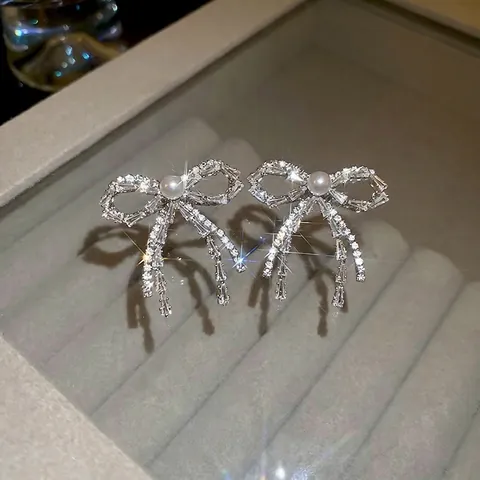 Orecchini Pendenti A Fiocco Con Perla Artificial Sintetica E Zircone Perno In Argento Sterling 925 Gioielli Eleganti Da Donna