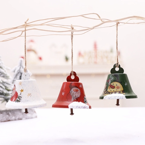 Weihnachtsglocken Metall Handbemalt Weihnachtsmann Schneemann Deko Ornamente Hanfseil Weihnachtsbaum Party Deko