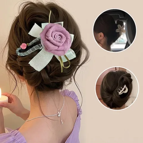 Simulated Flower Hair Claw Clips Fabric Rose Mesh Camellia Shark Clips Elegant Hair Ties Accessories For Women Girls