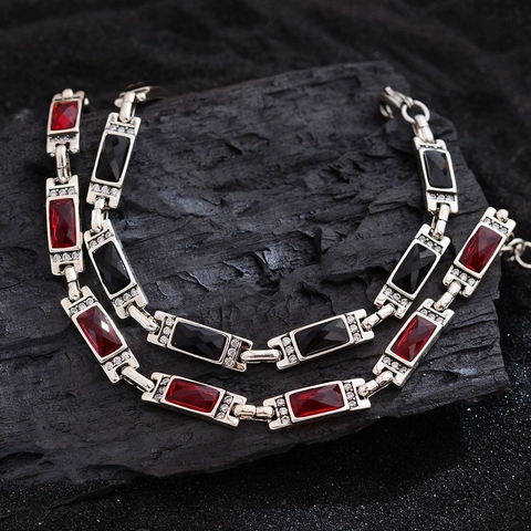 Bracciale Vintage Con Gemme Rosse e Nere Rettangolari Per Donna Tono Argento Rame Strass Catena Geometrica Gioielli