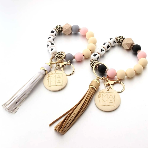 Women Silicone Beaded Wristlet Keychain Leopard Print MAMA Letter Key Ring With Tassel And Round Wood Pendant Fashion Accessory