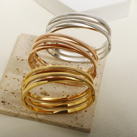 Minimalist Stainless Steel Multi-Layer Bangle For Women 18K Gold Plated Woven Texture Geometric Open Cuff Bracelet Fashion Jewelry Gift