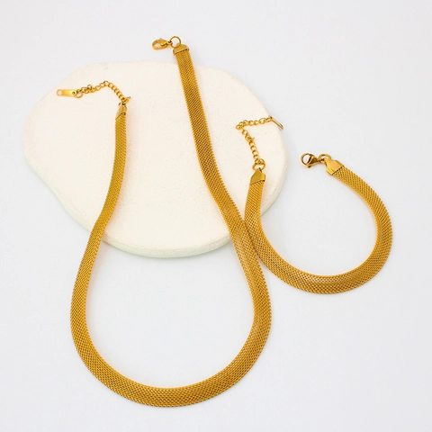 Collier Ras de Cou Minimaliste en Acier Inoxydable Plaqué Or 18K Maille Milanaise Chaîne Serpent Plate Bracelet Bijoux Tissés Géométriques