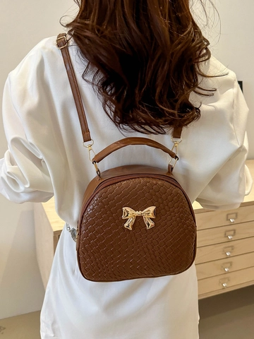 Moda Donne Mini Zaino Pelle PU Trama Intrecciata Fiocco Dorato Chic Versatile Piccola Borsa A Tracolla Elegante Ragazze