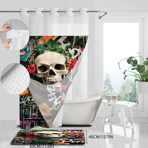 Halloween Shower Curtain Waterproof Polyester Gothic Skull Print Detachable Liner Hook Free Ring For Bathroom Decor
