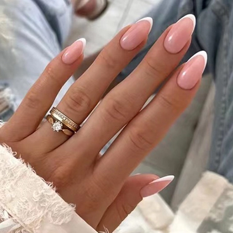 Franse Stijl Press On Nagels Glanzend Roze Witte Tips Amandelvorm Valse Nagels Lange Waterdruppel Vrouwen