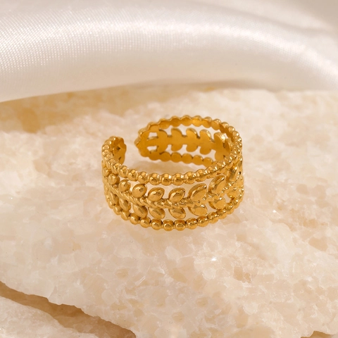 Edelstahl Ring 18K Vergoldet Olivenblatt Weizenähre Relief Offen Verstellbar Retro Böhmisch Schmuck Für Damen