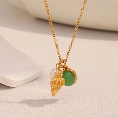 Conch Shell Artificial Pearl Green Gemstone Stainless Steel Necklace 18K Gold Plated Niche Trendy Jewelry For Women