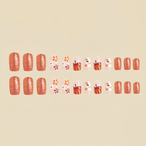 Halloween Press On Nails Short Square Orange Pumpkin Ghost Flower Glossy Fake Nails For Women