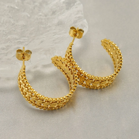 Hollow Wheat Ear C-Shaped Hoop Earrings For Women Stainless Steel Gold Plated Geometric Textured Minimalist Ins Style