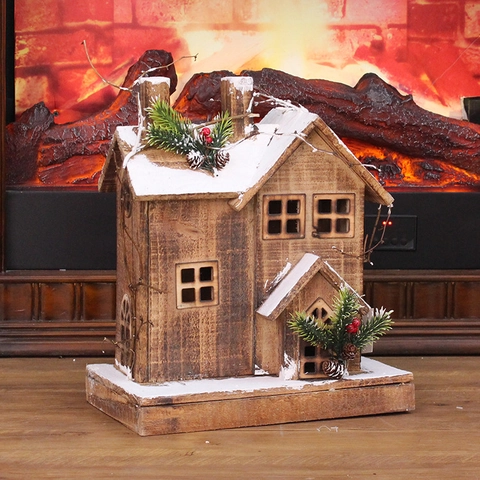 Ornement Maison De Noël En Bois Cabane Lumineuse LED Avec Fausse Neige Aiguilles De Pin Baies Décor De Table