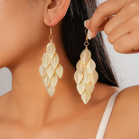 Blatt Tropfen Ohrringe Legierung Mehrlagig Hohl Textur Lange Quaste Mode Statement Schmuck Für Damen