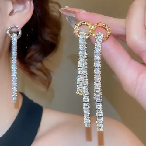 Long Linear Tassel Drop Earrings With Zircon Inlaid Copper Body And 925 Sterling Silver Earring Post