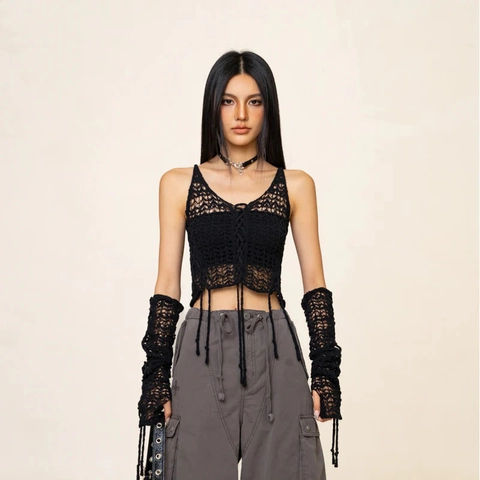 Gehäkeltes Strick Camisole Und Abnehmbare Ärmel Baumwolle Hohl Tank Top Y2K Streetwear Damen