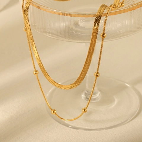 Collar De Doble Capa De Acero Inoxidable Cadena De Serpiente Plana Y Cadena De Cuentas Impermeable No Se Desvanece Para Mujer