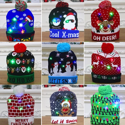 Christmas LED Knitted Hat Colorful Light Up Beanie Cartoon Winter Warm Cap For Adults Kids Holiday Party Decoration