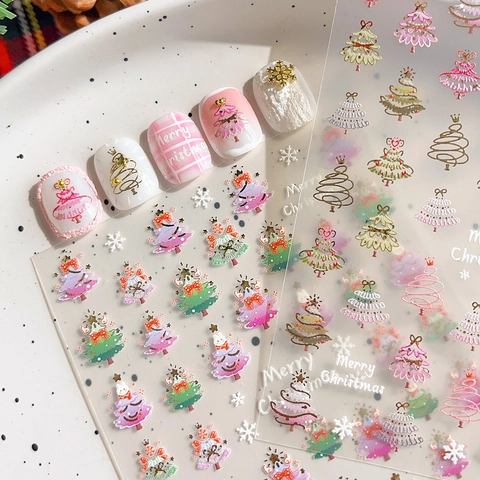 Christmas Nail Art Stickers Gold Bronzing 5D Relief Christmas Trees Snowflakes Self Adhesive Festive Manicure Nail Decals For Holiday