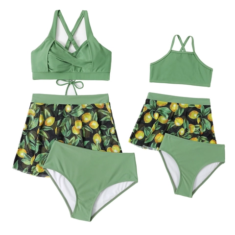 Mommy And Me Swimsuits Tropical Leaf Print Mesh Skirt Bikini Top And Bottoms Parent Child Matching Swimwear For Women Girls