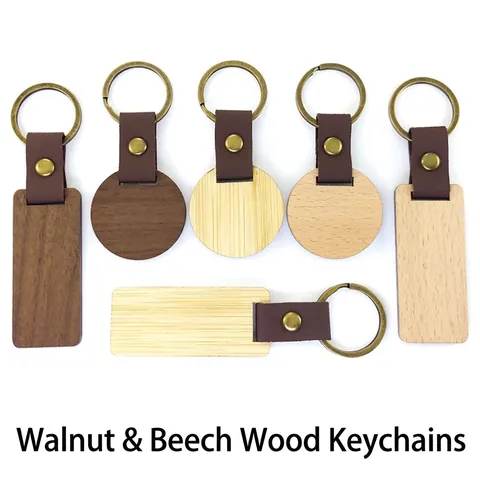 Minimalist Wood Keychain With Leather Strap Walnut Beech Wood Rectangular Round Wooden Keyring Bronze Metal Ring For Men Women Gift