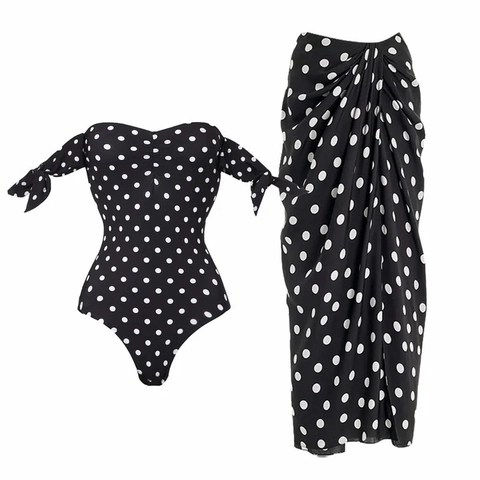 Damen Polka Dot Off The Shoulder Einteiliger Badeanzug Geraffter Body Mit Schleifenärmeln Retro Strandmode Nylon