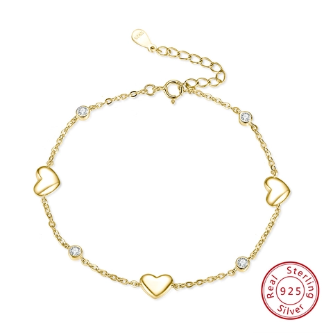 Minimalist 925 Sterling Silver Heart Bracelet For Women 14K Gold Platinum Plated Adjustable Chain Rhinestone Linked Heart Jewelry