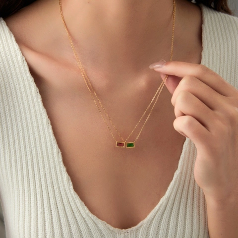 Rectangle Gemstone Pendant Necklace Stainless Steel Gold Plated Milgrain Edge Retro Minimalist Jewelry For Women