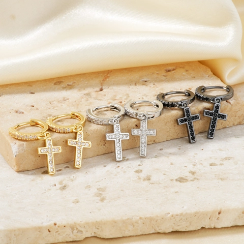 Cross Pendant Hoop Earrings Brass Cubic Zirconia Inlaid Gothic Punk Trendy Jewelry For Women