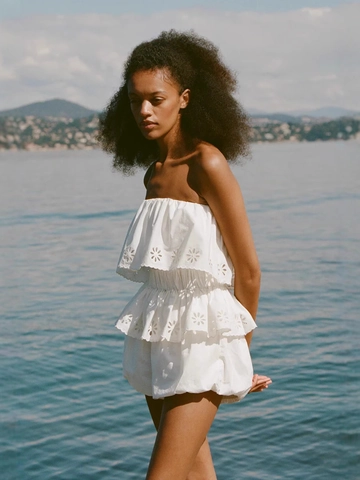 Dames Zomer Katoenen Top En Shorts Borduurwerk Ruches Off The Shoulder Strand Vakantie Casual