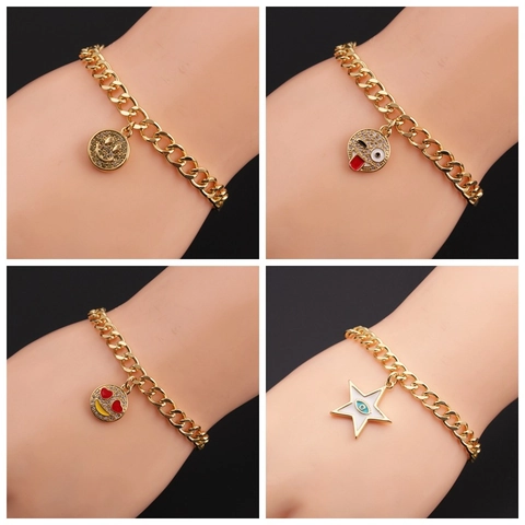 Bracciale A Catena In Rame Di Moda Con Ciondoli Emoji Malocchio Stella In Zirconia Per Donne Bambini Regolabile