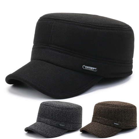 Herren Cadet Cap Winter Warm Gefüttert Wollmischung Militärmütze Flach Outdoor Sport Ohrenklappen Verstellbar