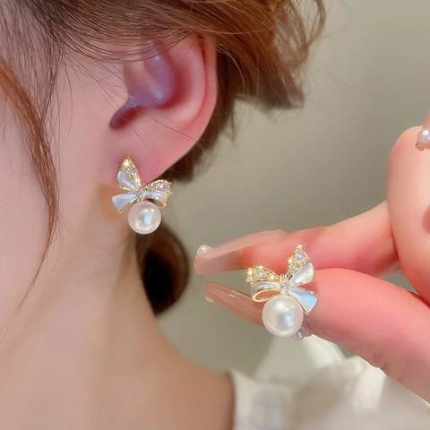 Schleife Künstliche Perlenohrringe Mit Silbernem Ohrstecker Rhinestone Eingelegt Mode Süß Elegant Schmuck Für Damen