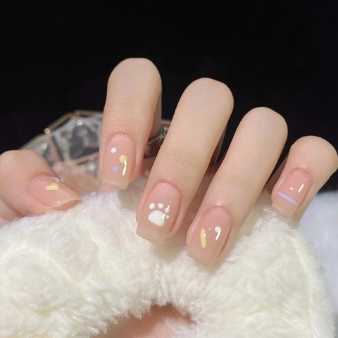 Press On Nails Short Square Round Cute Cat Claw Heart Pattern Nude Pink Matte DIY Manicure Daily Sweet Style For Women