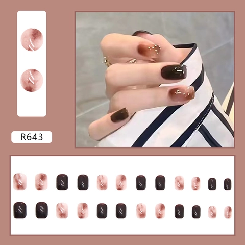 Artificial Press On Nails Short Squoval Amber Marble Gradient Brown Gold Foil Vintage Nail Tips For Women