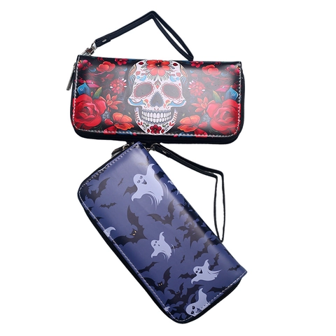Cartera Larga Con Cremallera Gótica Halloween Para Mujer Retro Murciélago Fantasma Calavera PVC Cuero Sintético Bolso De Mano