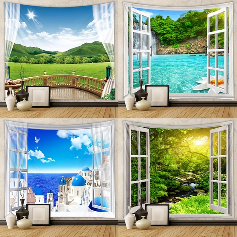 Arazzo Da Parete Vista Finestra 3D Paesaggio Naturale Foresta Cascata Santorini Paesaggio Urbano Tessuto Poliestere Decor