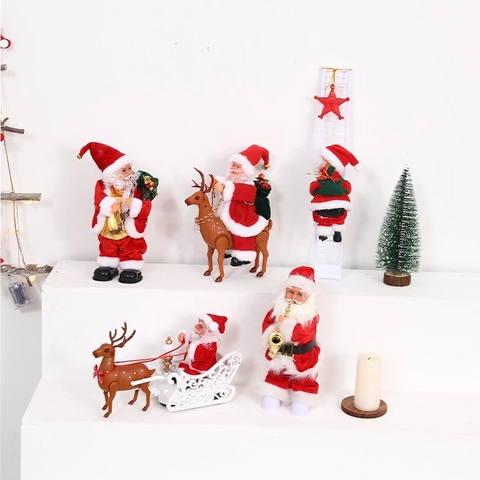 Babbo Natale Elettrico Ornamento Musicale Animato Scala Da Arrampicata Sassofono Cavalcare Cervo Peluche Plastica Decoro