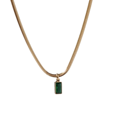 Collar Vintage de Acero Inoxidable Chapado en Oro Cadena de Hueso de Serpiente Colgante Rectangular de Diamante de Imitación Verde
